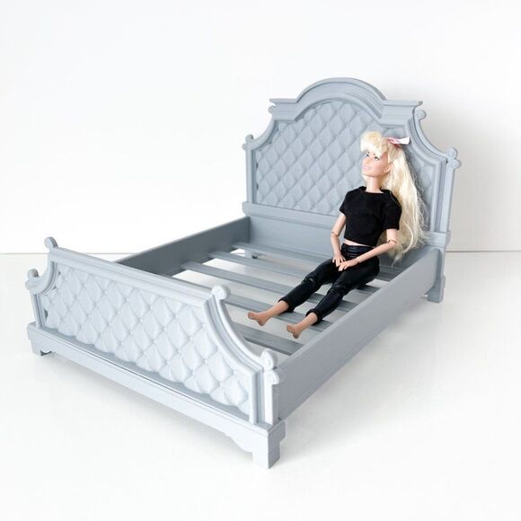 Gray 1:6 Scale Tufted Chesterfield Bed for Barbie Integrity 12" Fashion Doll - Picture 6 of 7